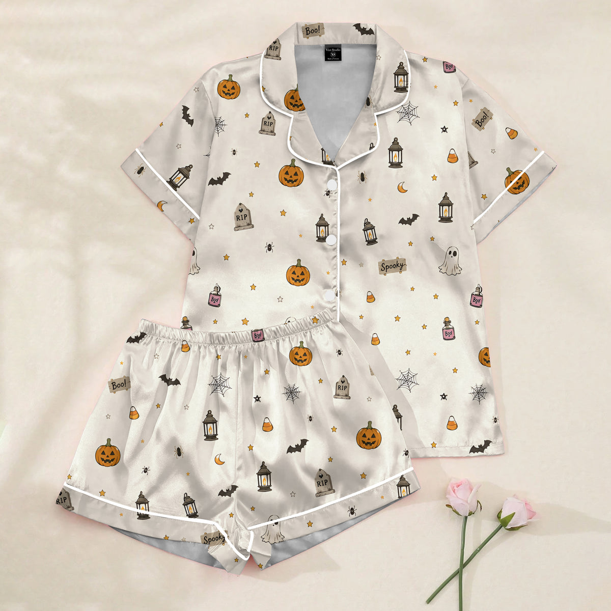 Women’s White Halloween Pumpkin & Ghost Satin Pajama Set