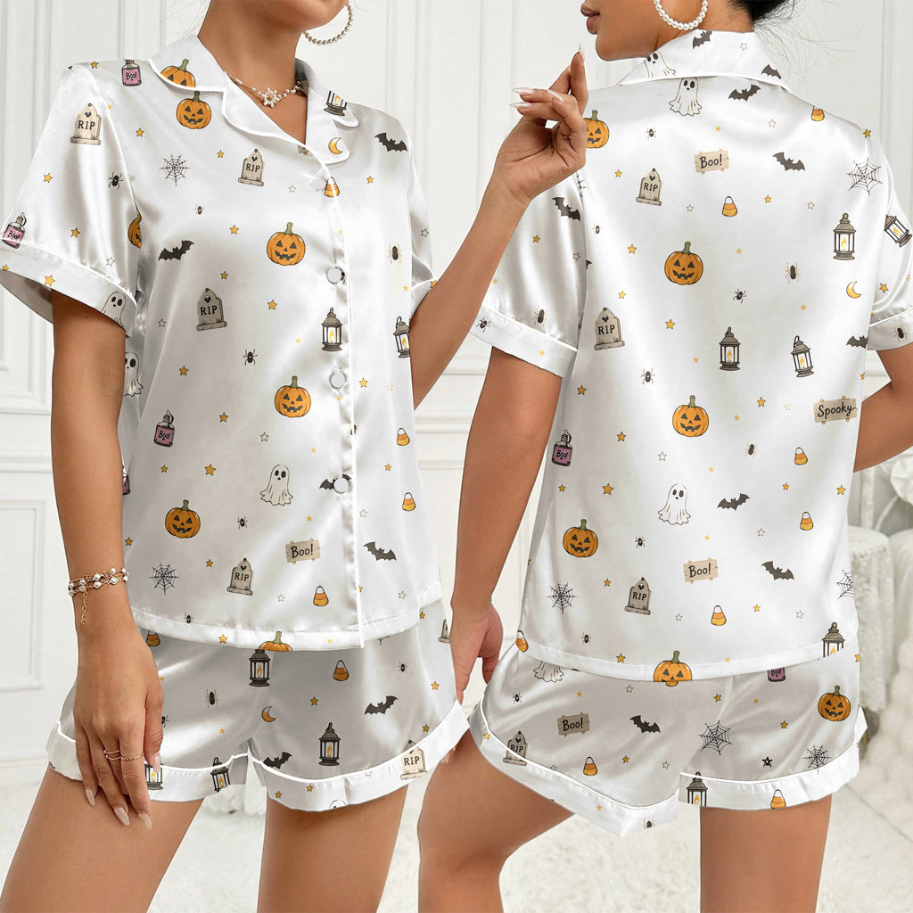 Women’s White Halloween Pumpkin & Ghost Satin Pajama Set