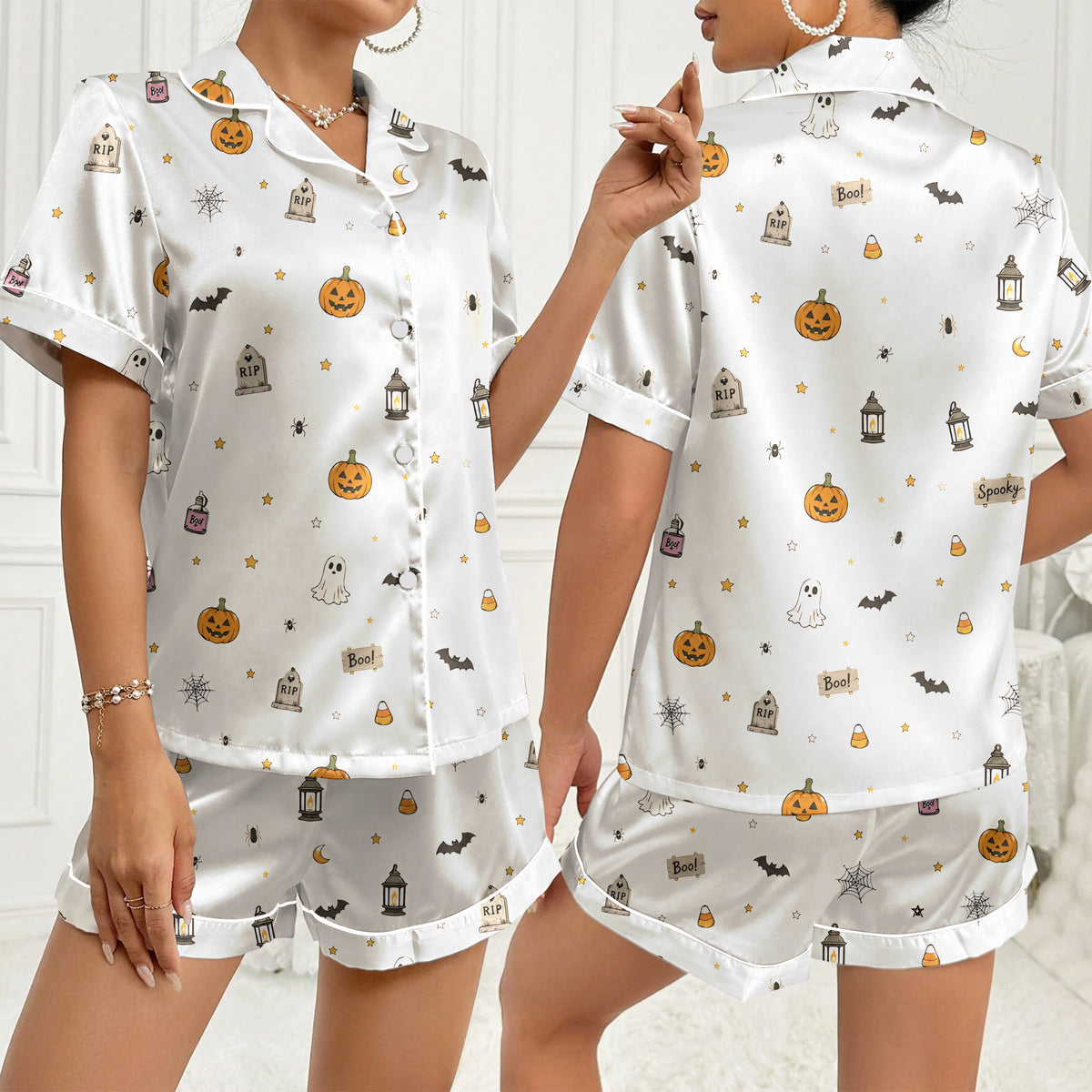 Women’s White Halloween Pumpkin & Ghost Satin Pajama Set