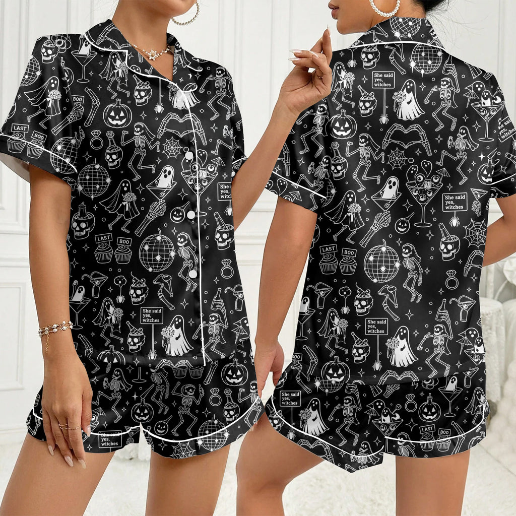 Women’s Black Halloween Skeleton & Ghost Satin Pajama Set