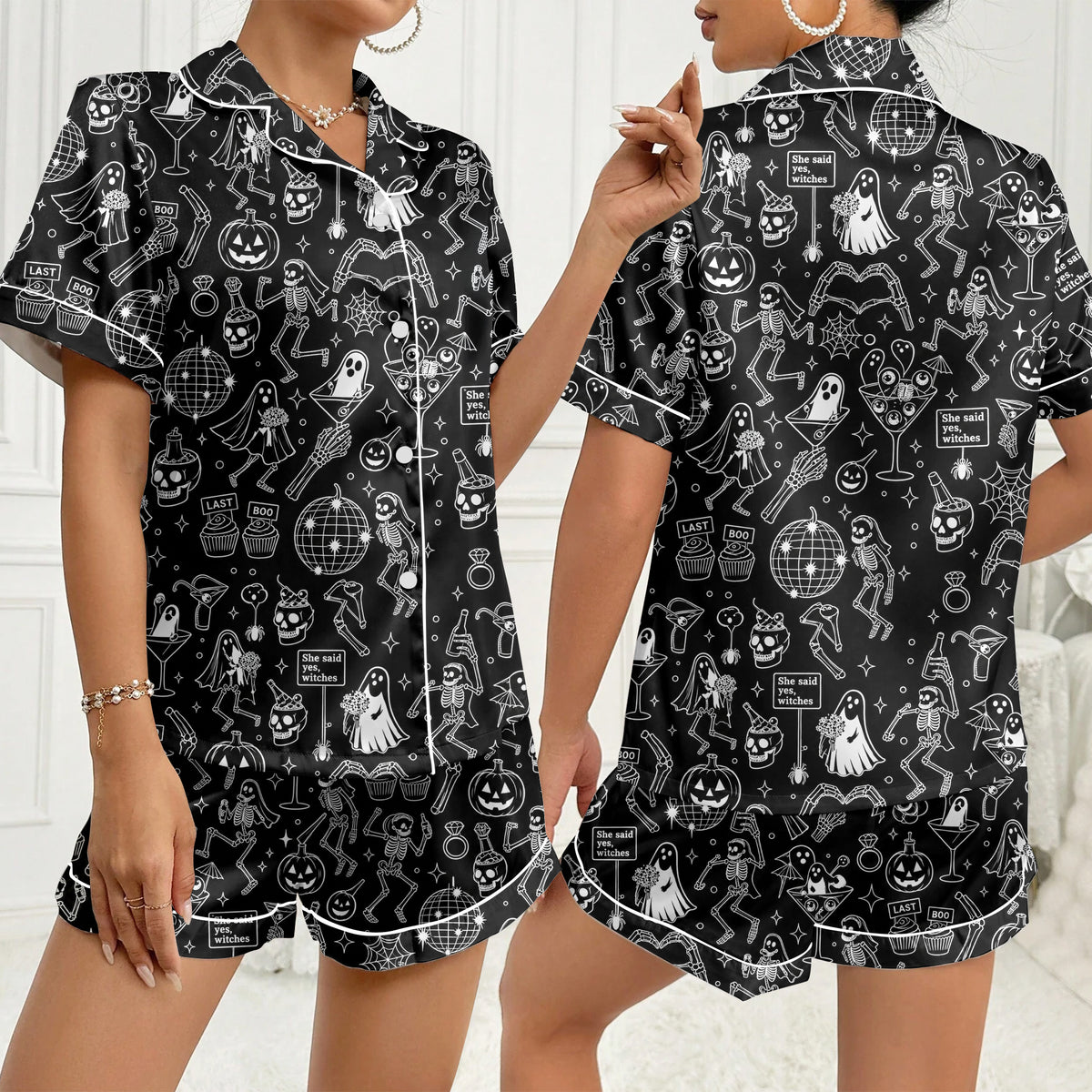 Women’s Black Halloween Skeleton & Ghost Satin Pajama Set