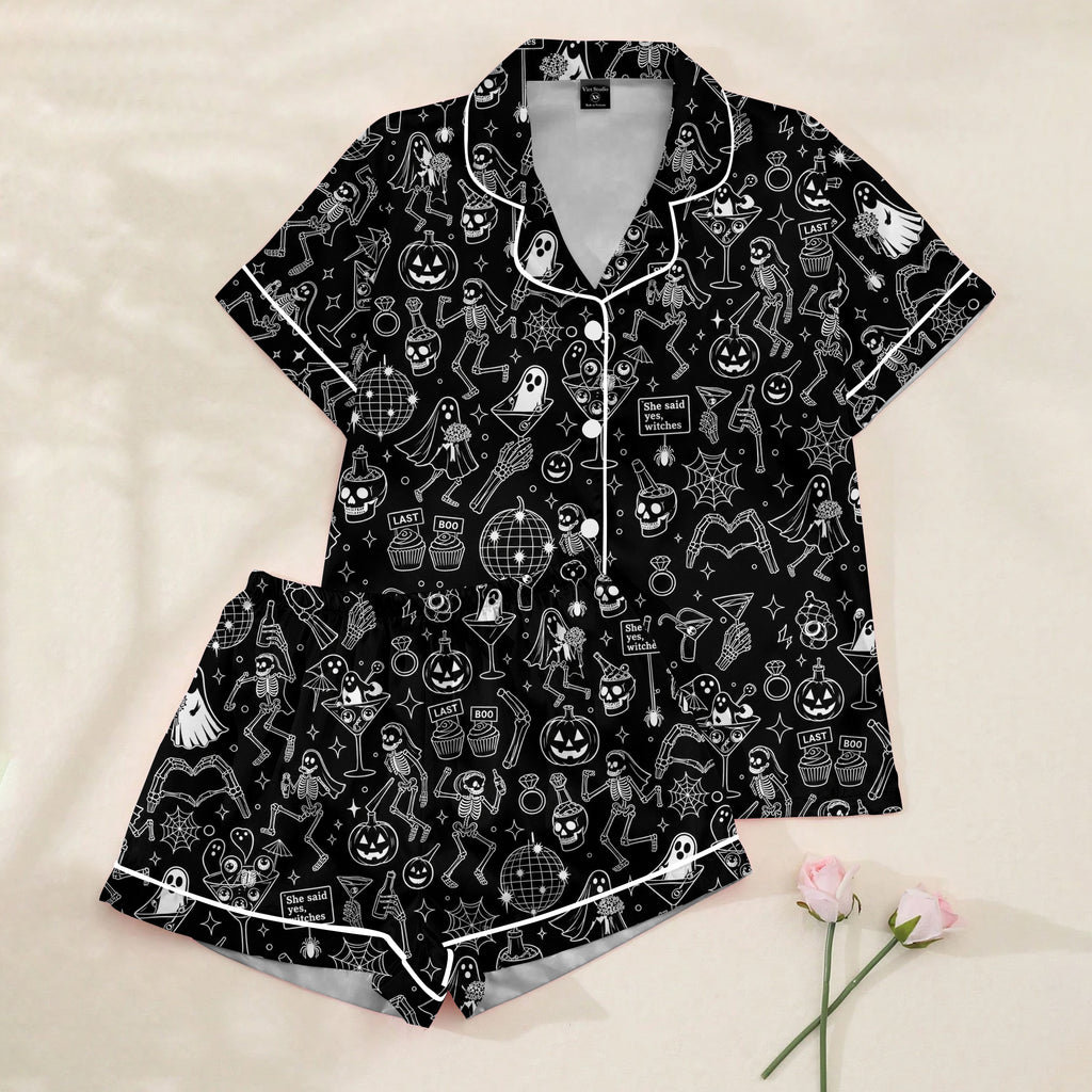 Women’s Black Halloween Skeleton & Ghost Satin Pajama Set