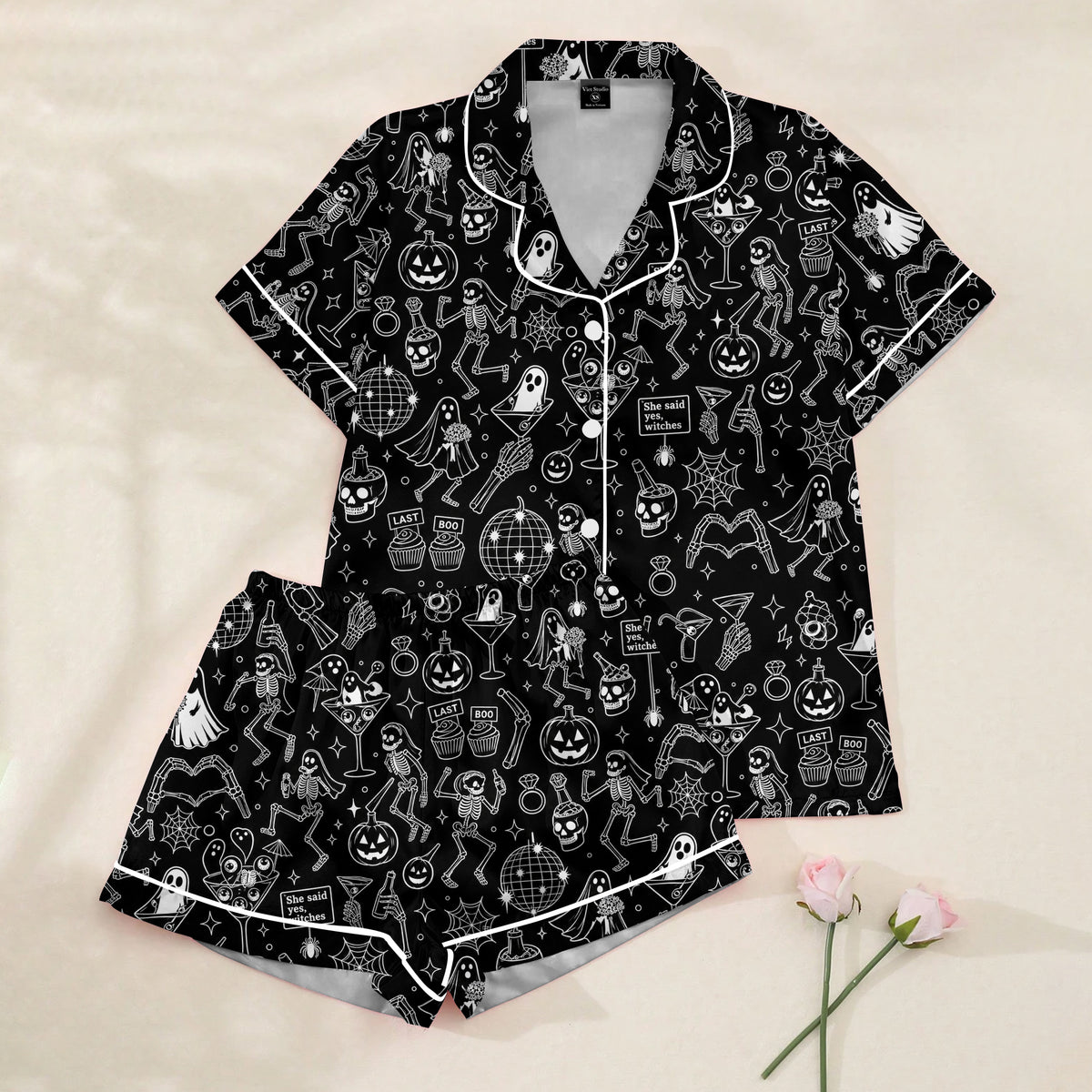 Women’s Black Halloween Skeleton & Ghost Satin Pajama Set