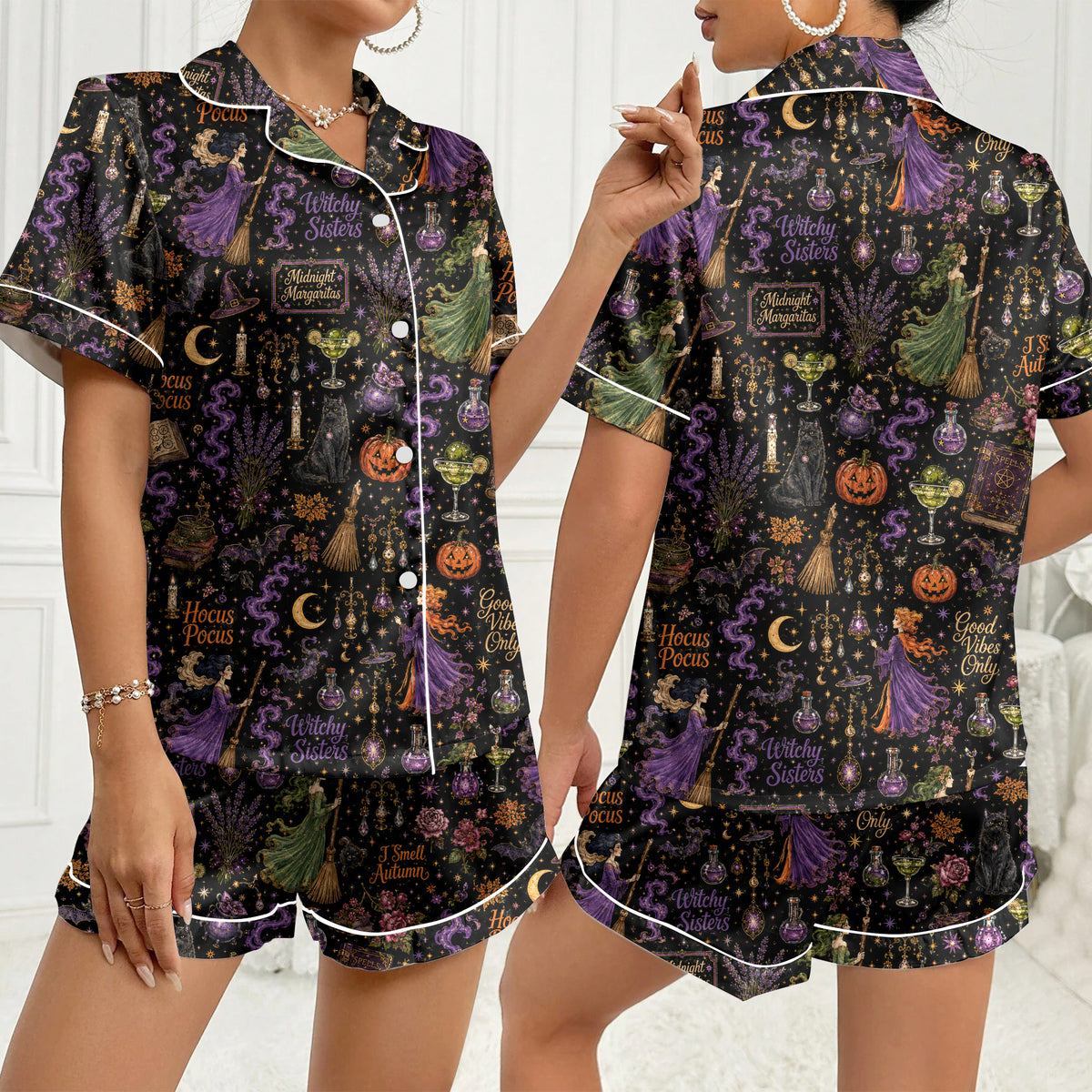 Women’s Black Witchy Sisters Satin Pajama Set