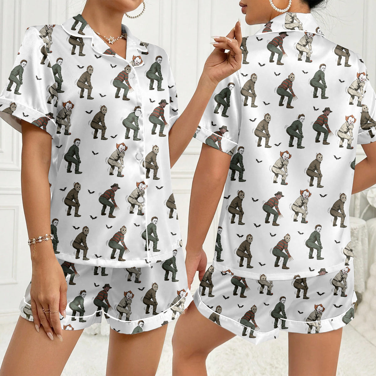 Women’s White Horror Villains Satin Pajama Set