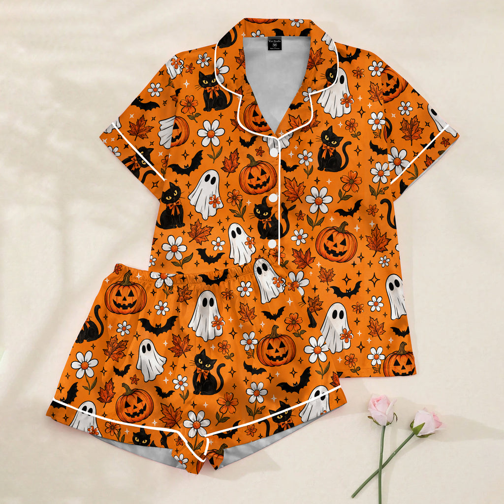 Women’s Orange Halloween Ghost & Black Cat Satin Pajama Set