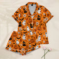 Women’s Orange Halloween Ghost & Black Cat Satin Pajama Set