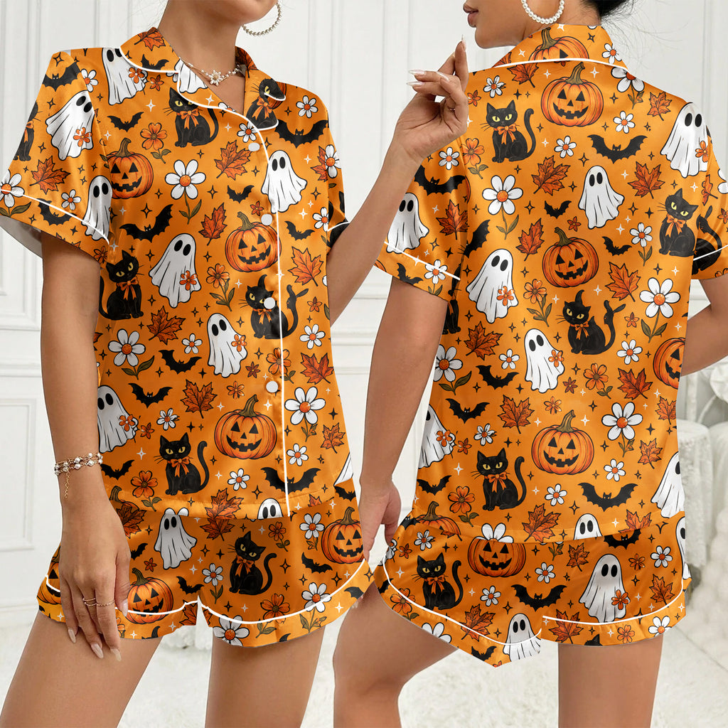 Women’s Orange Halloween Ghost & Black Cat Satin Pajama Set
