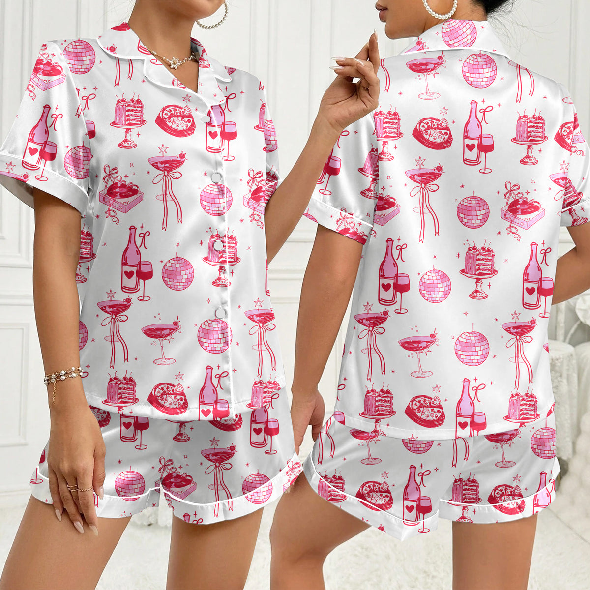 Women’s White Pink Party Satin Pajama Set