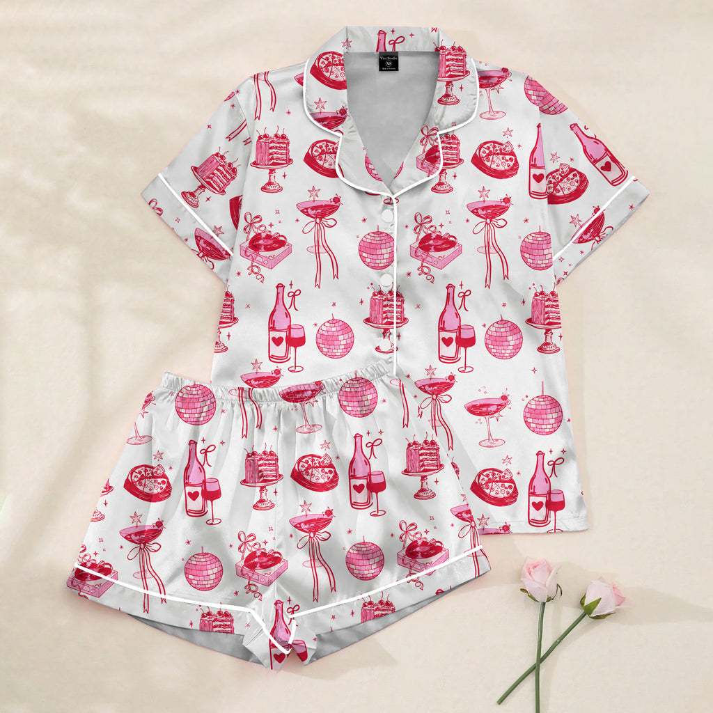 Women’s White Pink Party Satin Pajama Set