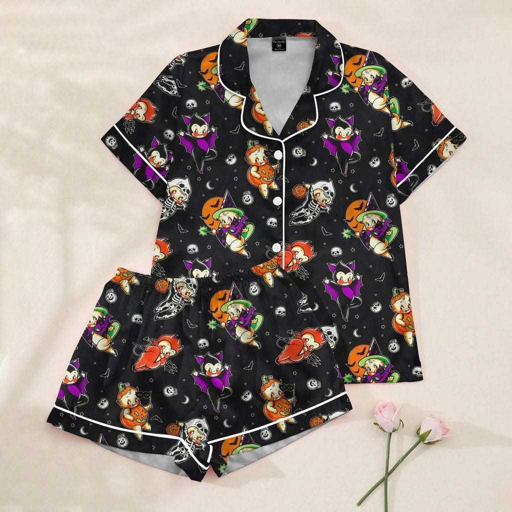 Women’s Black Vintage Halloween Satin Pajama Set