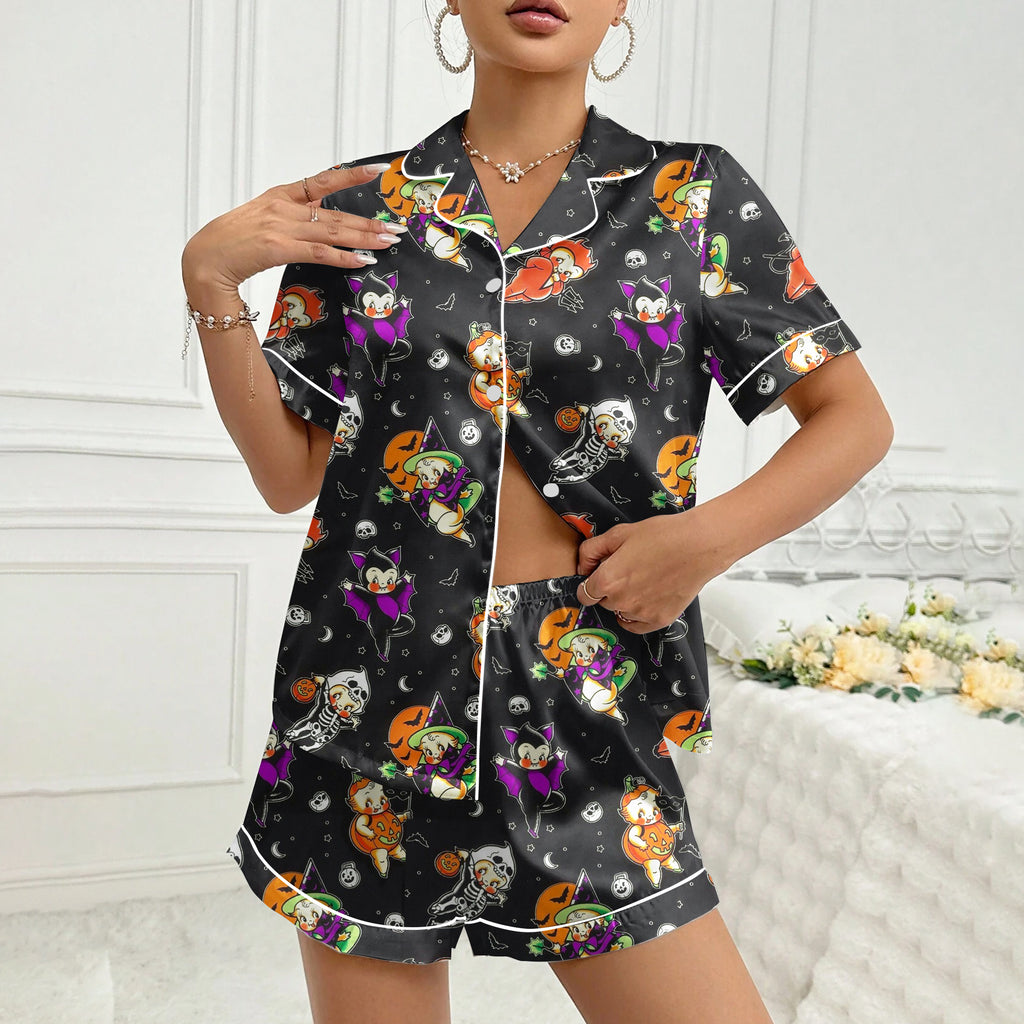 Women’s Black Vintage Halloween Satin Pajama Set