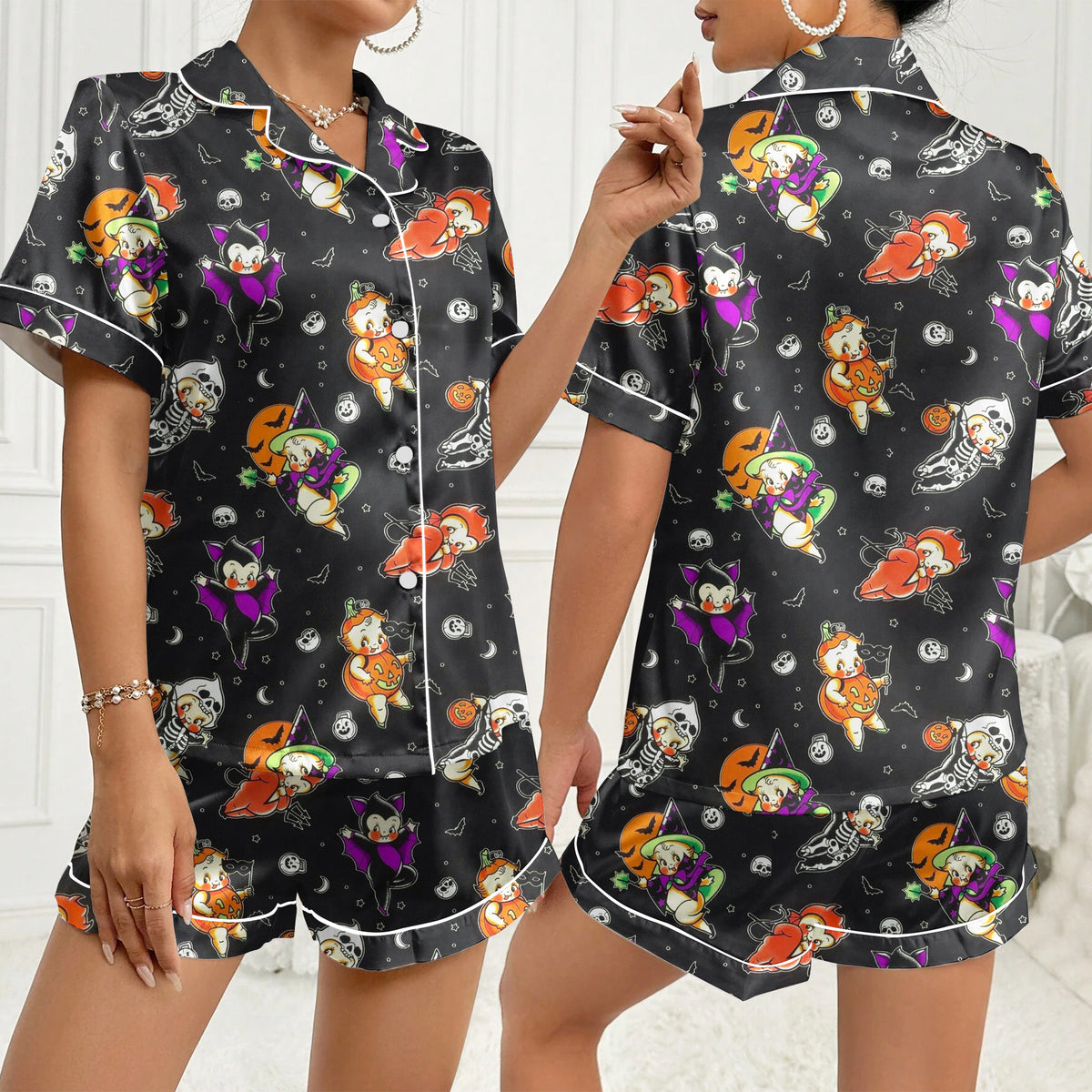Women’s Black Vintage Halloween Satin Pajama Set