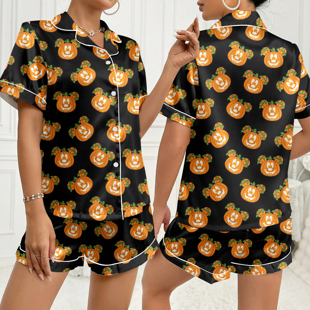 Women’s Black Mickey Pumpkin Halloween Satin Pajama Set