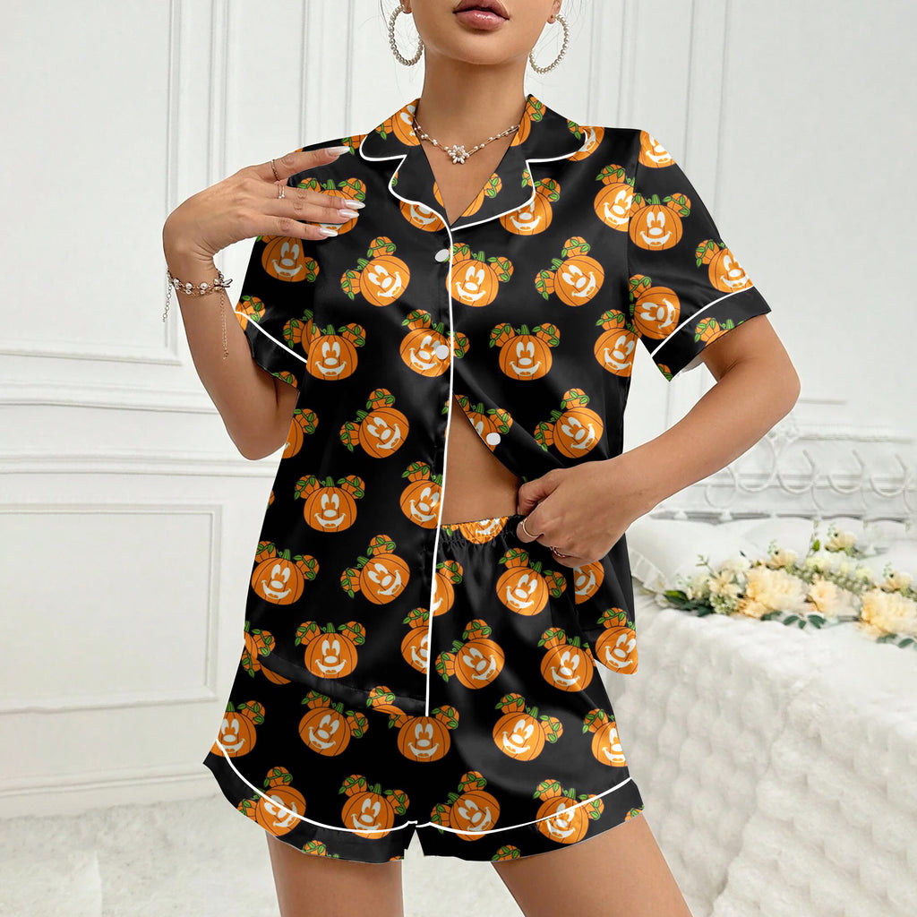 Women’s Black Mickey Pumpkin Halloween Satin Pajama Set