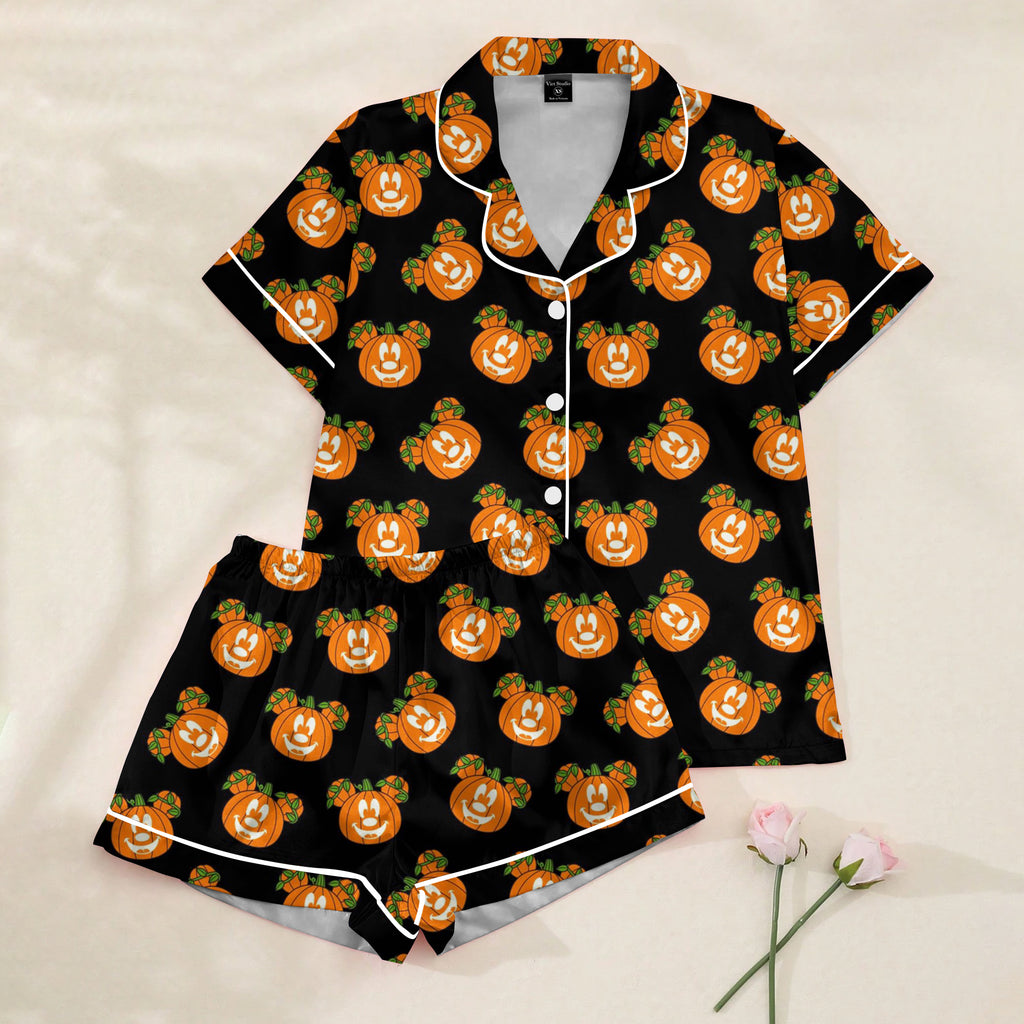 Women’s Black Mickey Pumpkin Halloween Satin Pajama Set