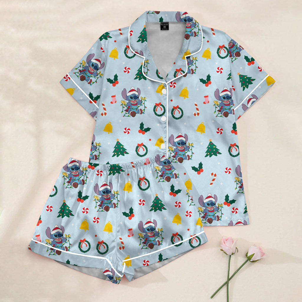 Women’s Light Blue Stitch Christmas Satin Pajama Set