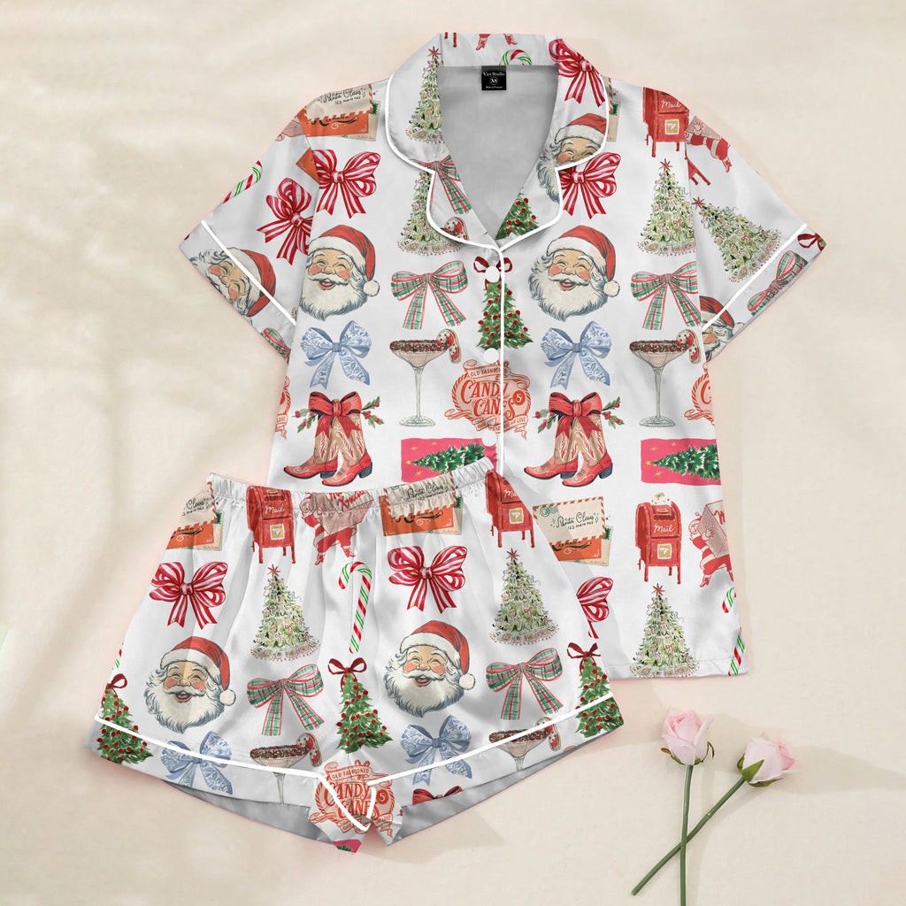 Women’s White Vintage Santa Christmas Satin Pajama Set