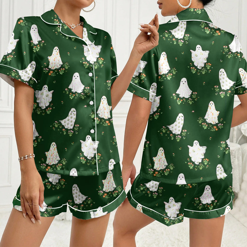 Women’s Dark Green Floral Ghost Halloween Satin Pajama Set