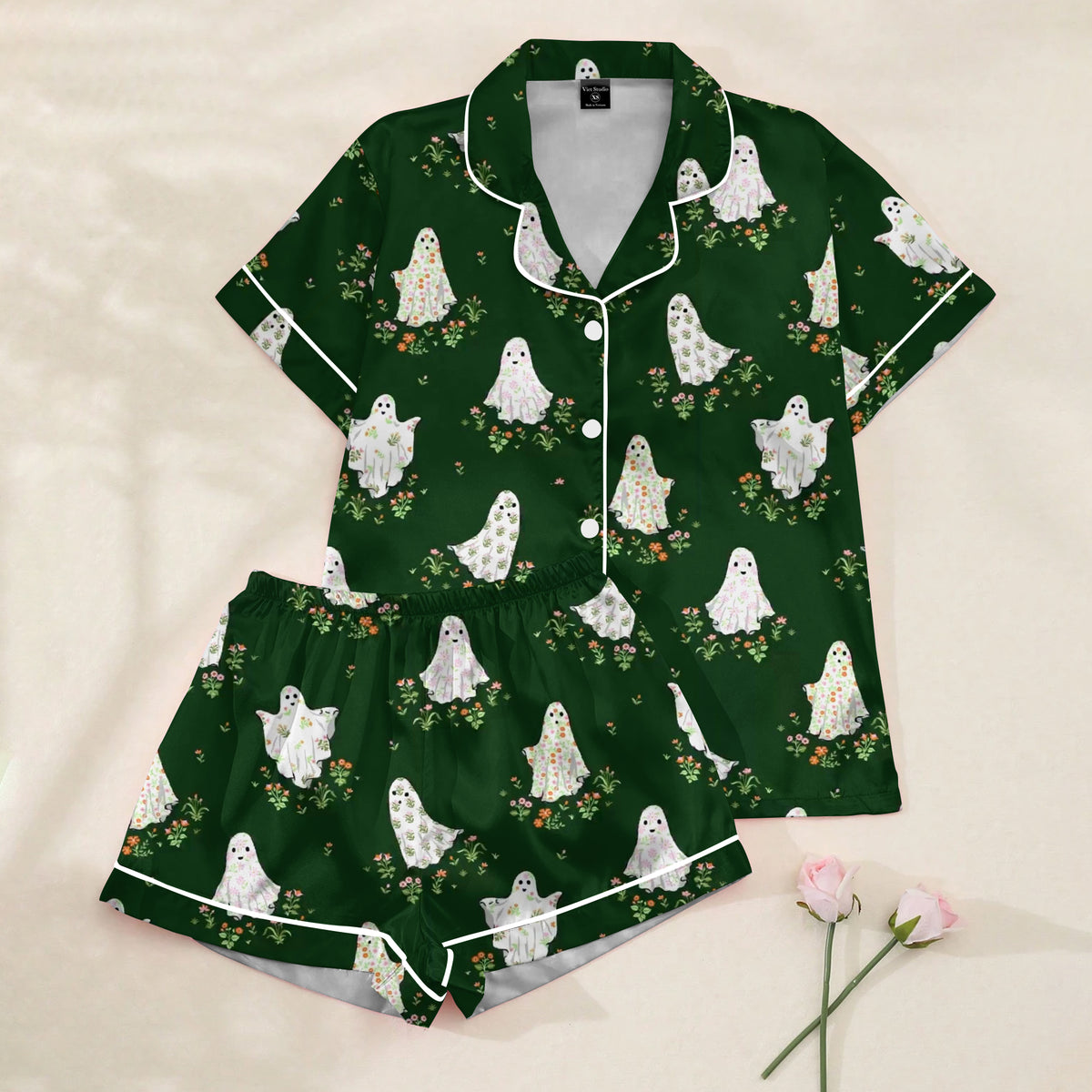 Women’s Dark Green Floral Ghost Halloween Satin Pajama Set