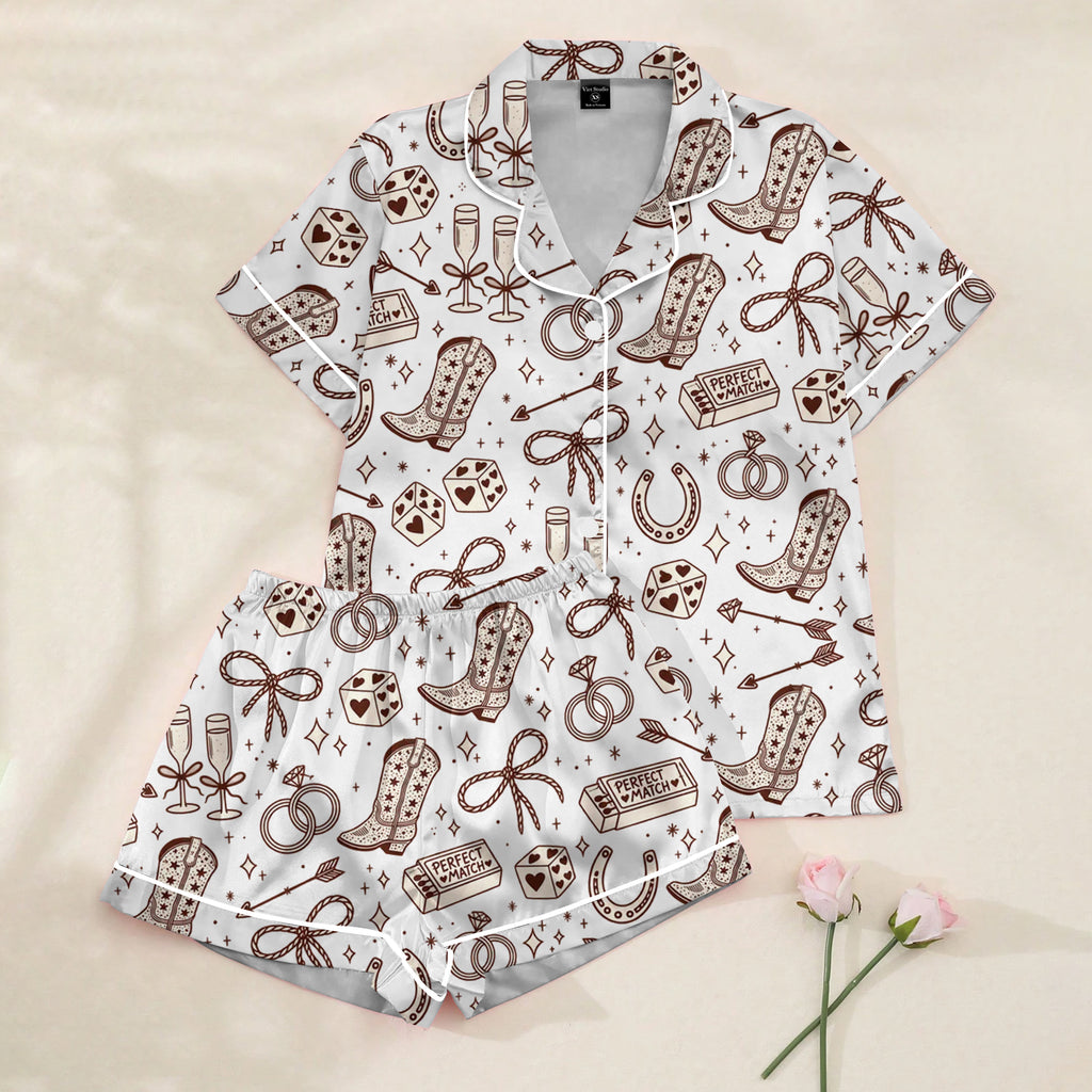 Women’s White Western Valentine Satin Pajama Set