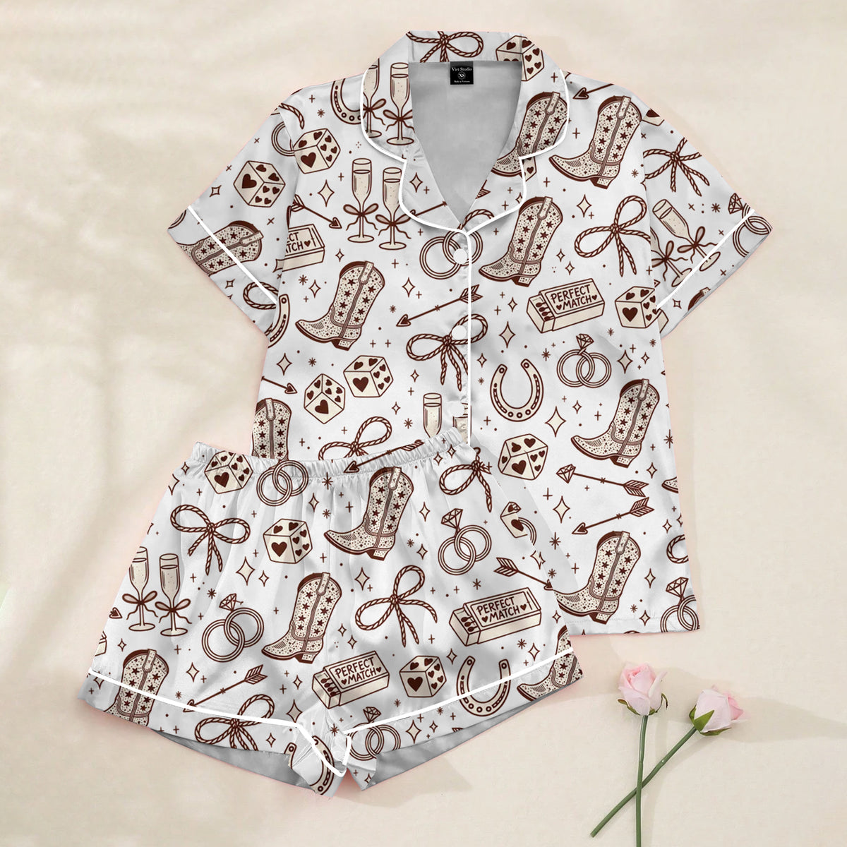 Women’s White Western Valentine Satin Pajama Set