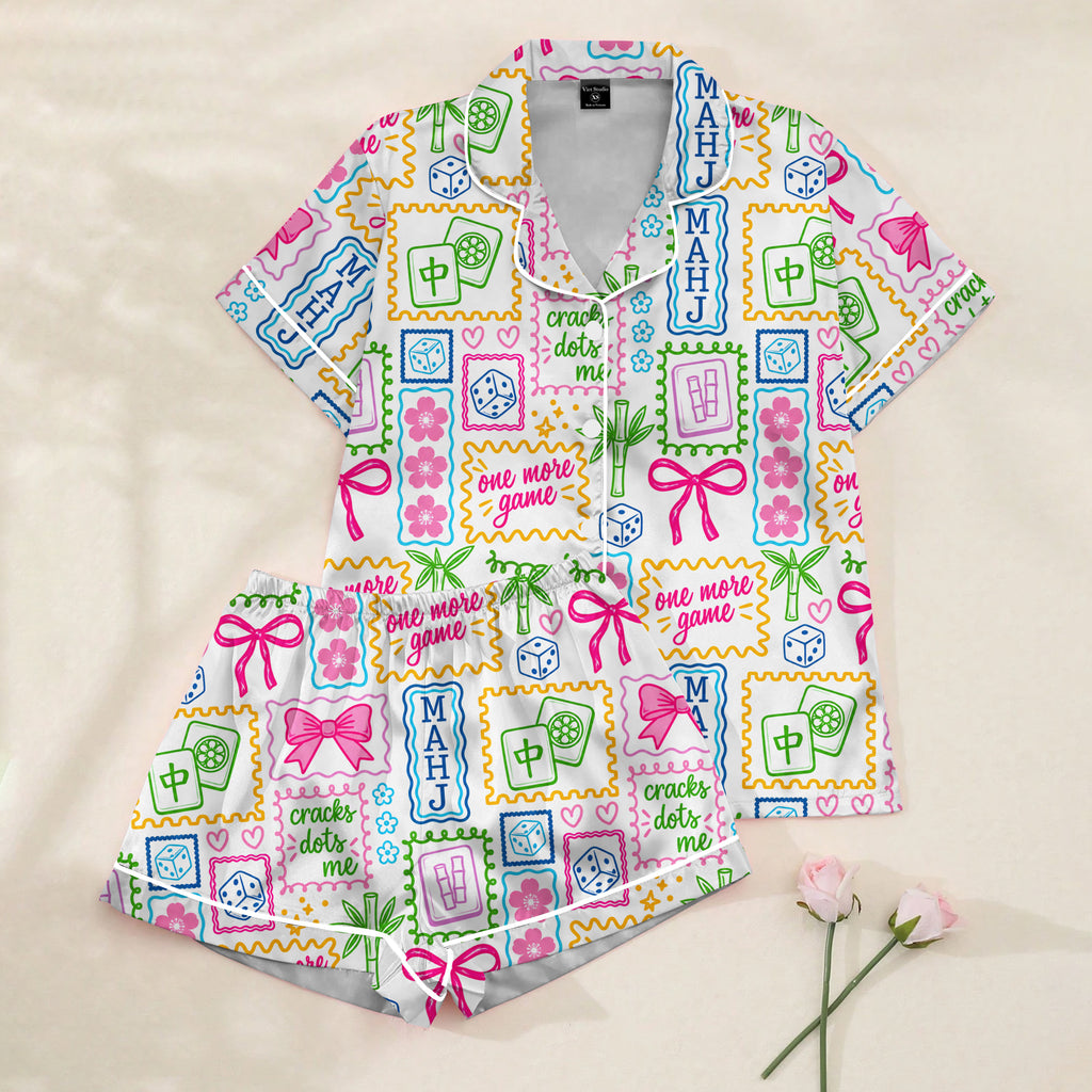 Women’s White Mahjong Satin Pajama Set
