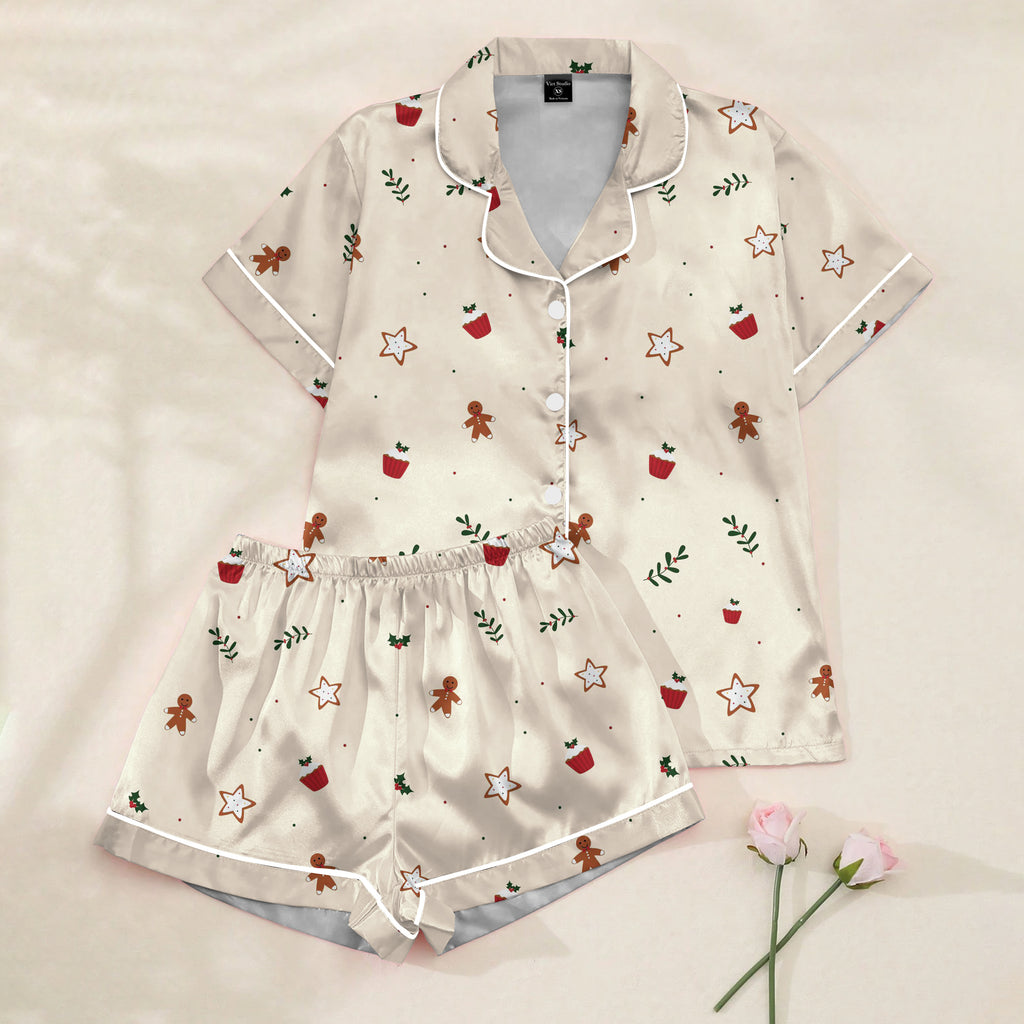 Women’s Cream Gingerbread Christmas Satin Pajama Set