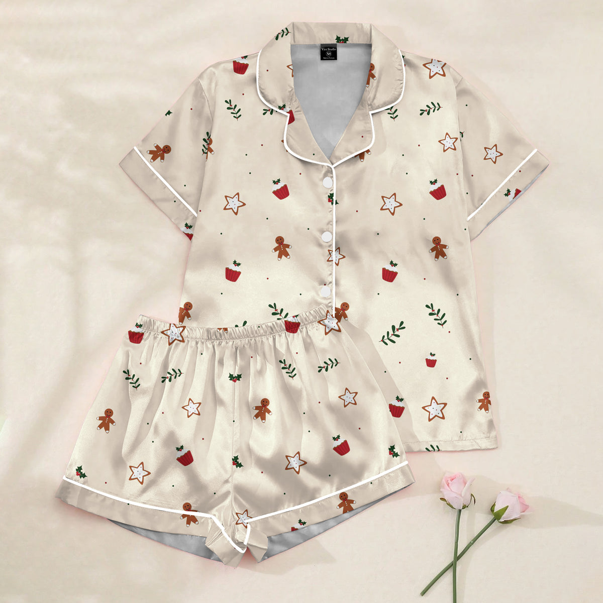 Women’s Cream Gingerbread Christmas Satin Pajama Set