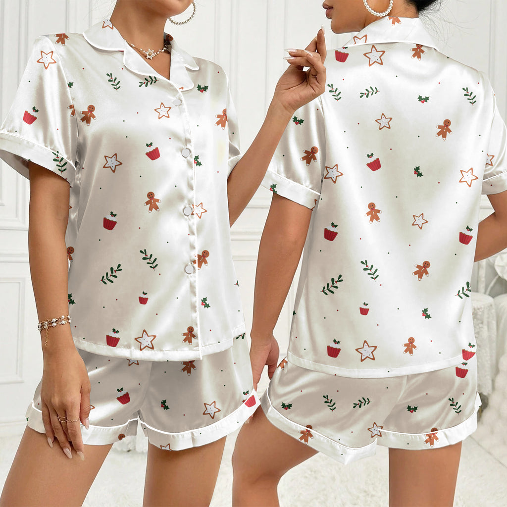 Women’s Cream Gingerbread Christmas Satin Pajama Set