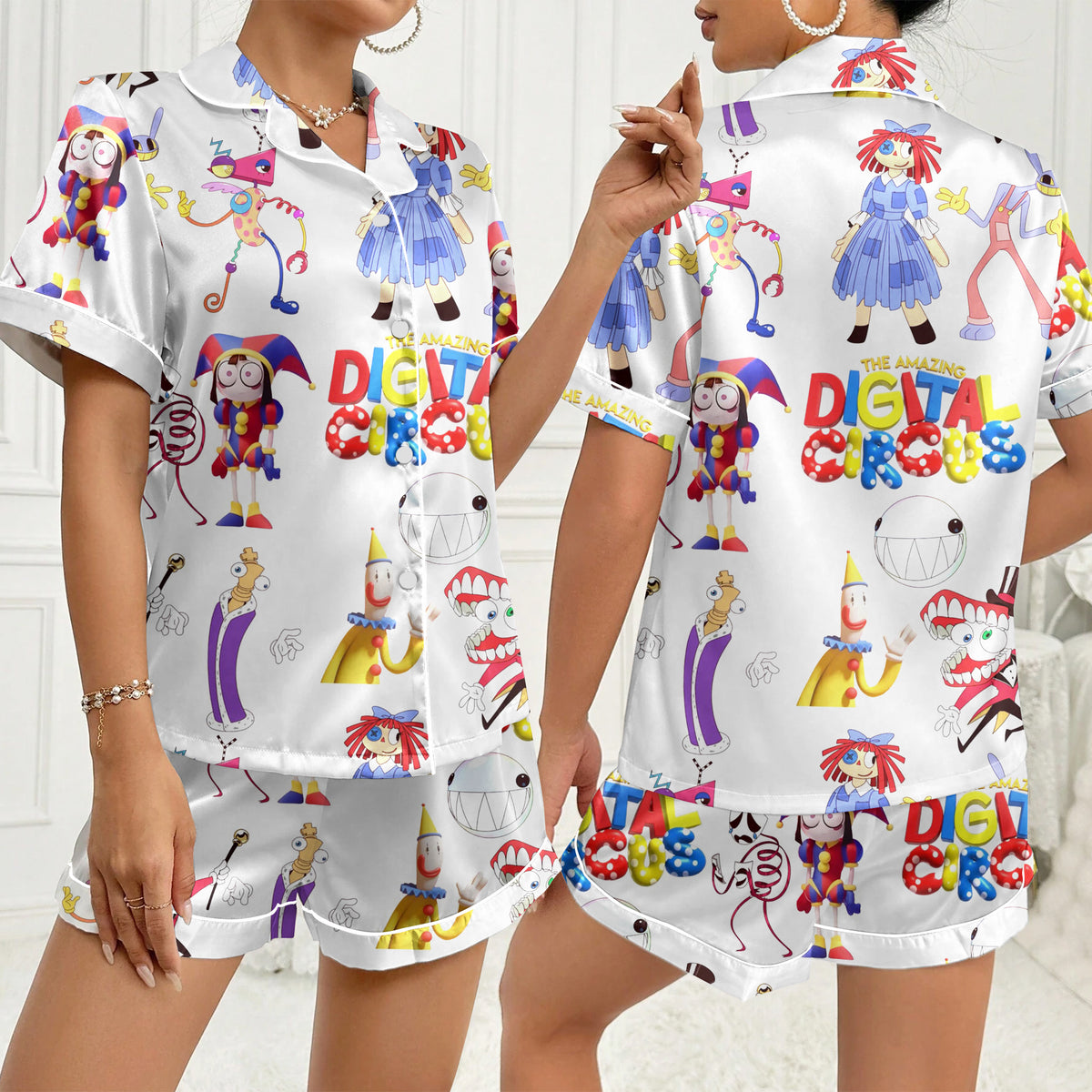 Women’s White Amazing Digital Circus Satin Pajama Set
