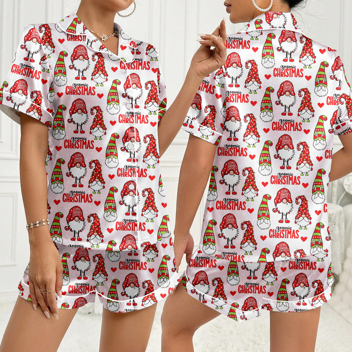 Women’s Pink Christmas Gnome Satin Pajama Set