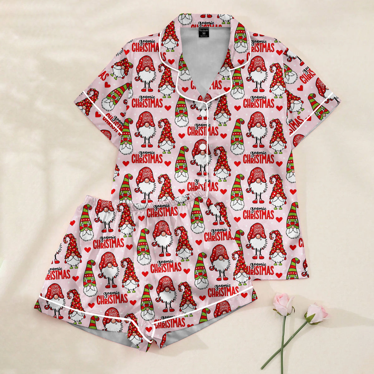Women’s Pink Christmas Gnome Satin Pajama Set