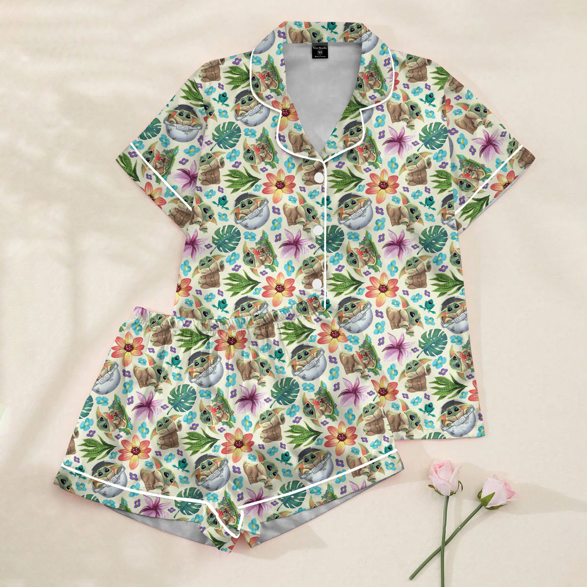 Women’s Cream Baby Yoda Floral Satin Pajama Set
