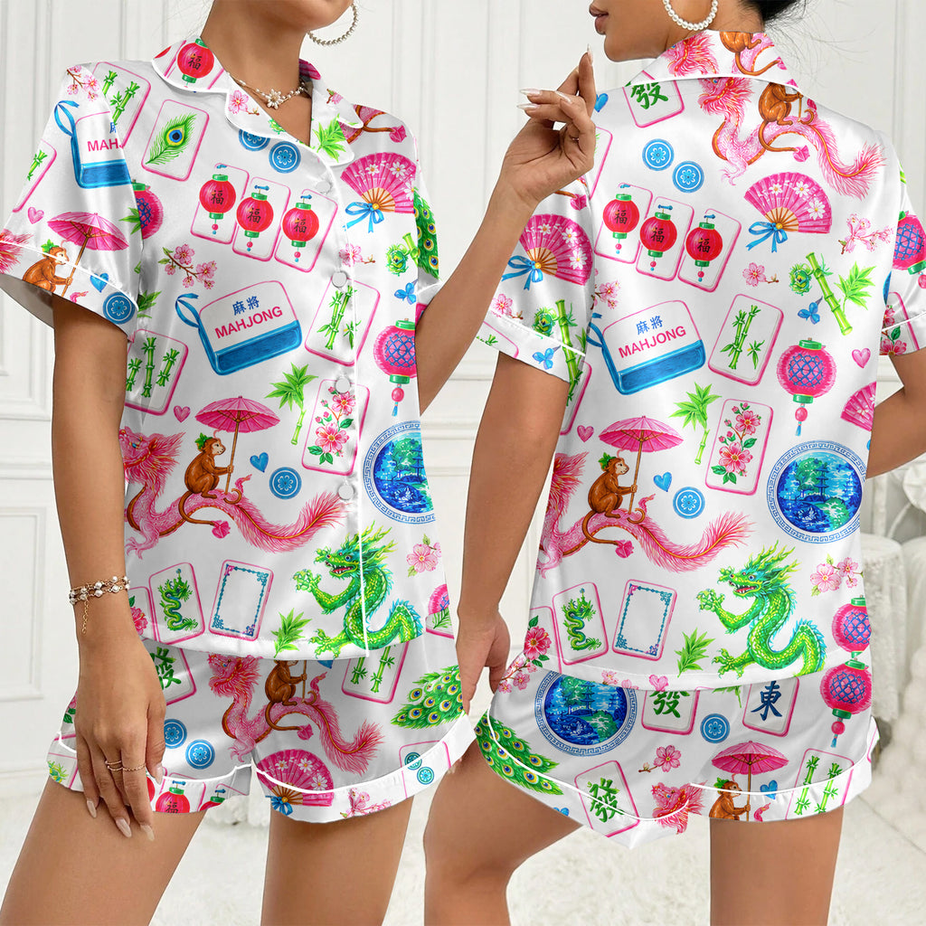 Women’s White Mahjong Peacock Satin Pajama Set