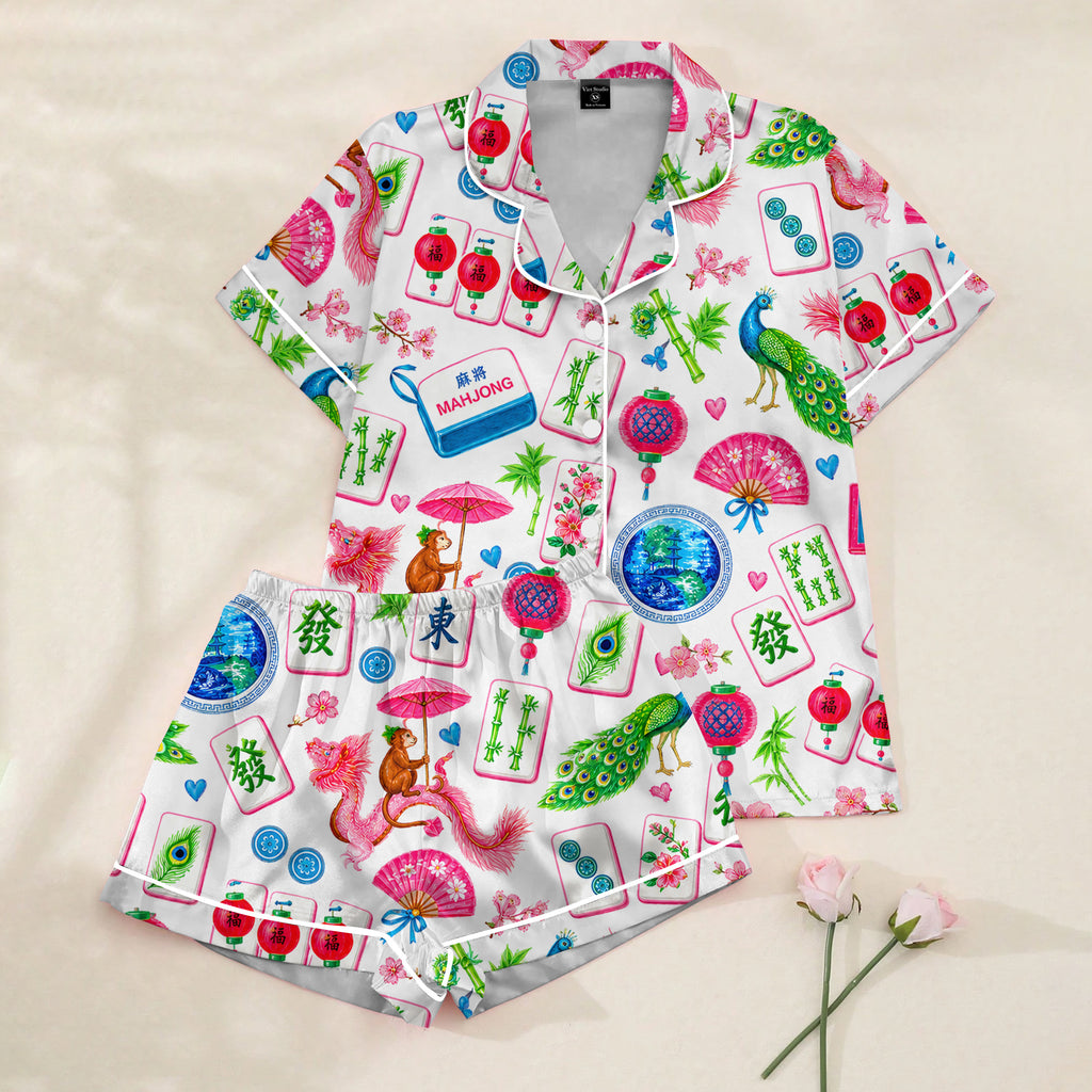 Women’s White Mahjong Peacock Satin Pajama Set