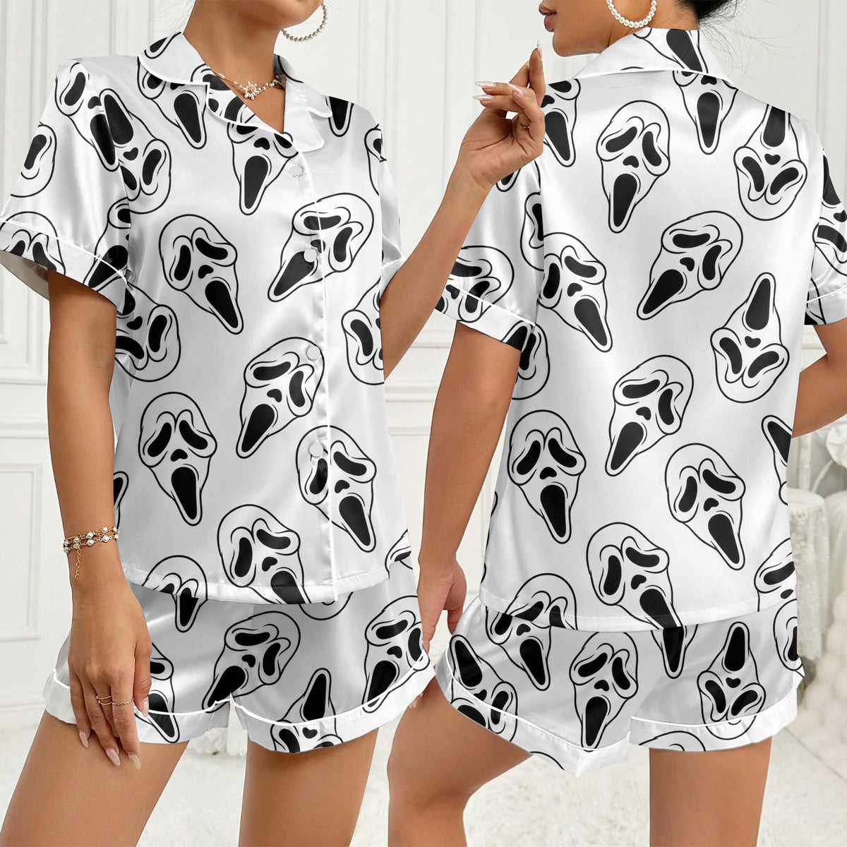 Women’s White Ghostface Halloween Satin Pajama Set