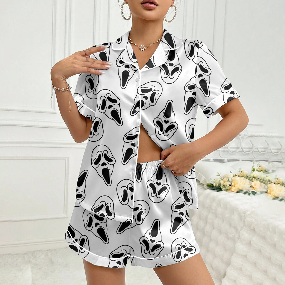 Women’s White Ghostface Halloween Satin Pajama Set