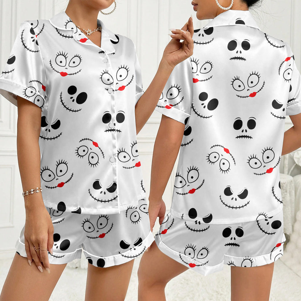 Women’s White Jack & Sally Halloween Satin Pajama Set