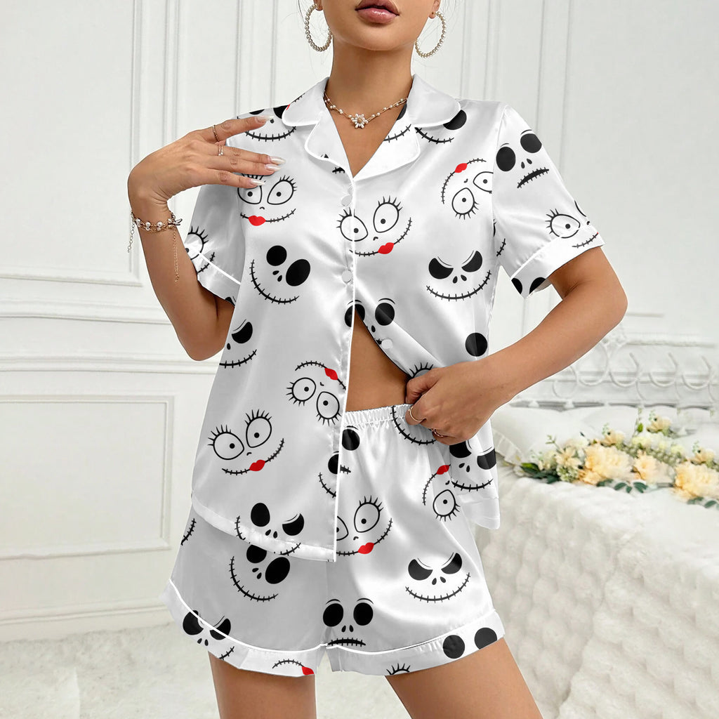 Women’s White Jack & Sally Halloween Satin Pajama Set