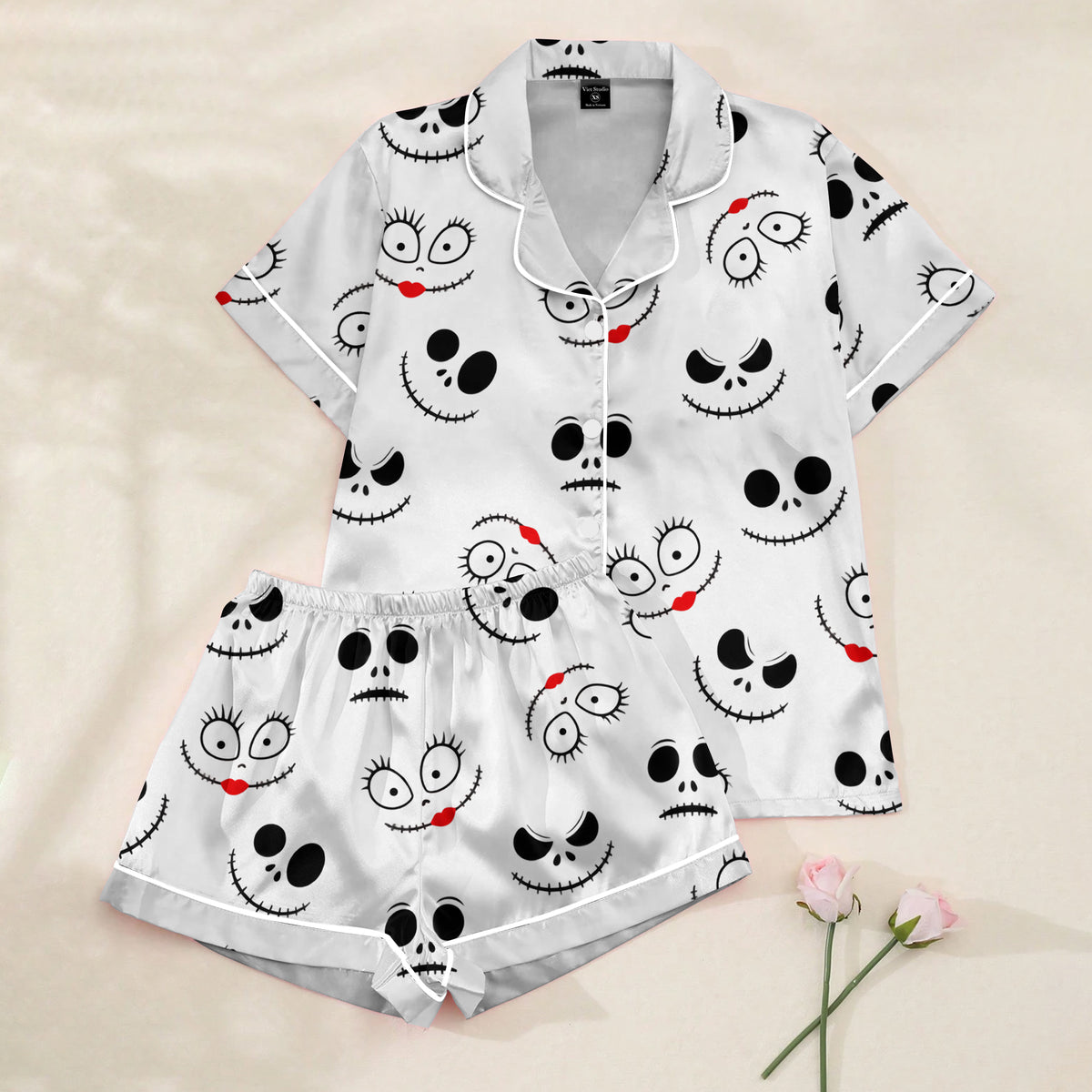 Women’s White Jack & Sally Halloween Satin Pajama Set
