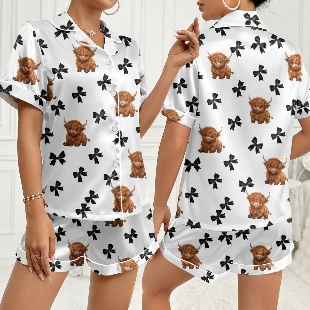 Women’s White Highland Cow Bow Satin Pajama Set