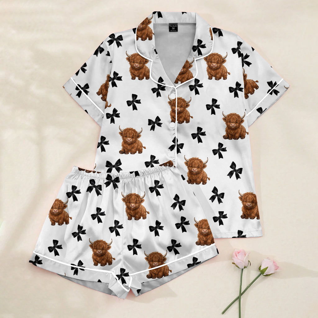 Women’s White Highland Cow Bow Satin Pajama Set