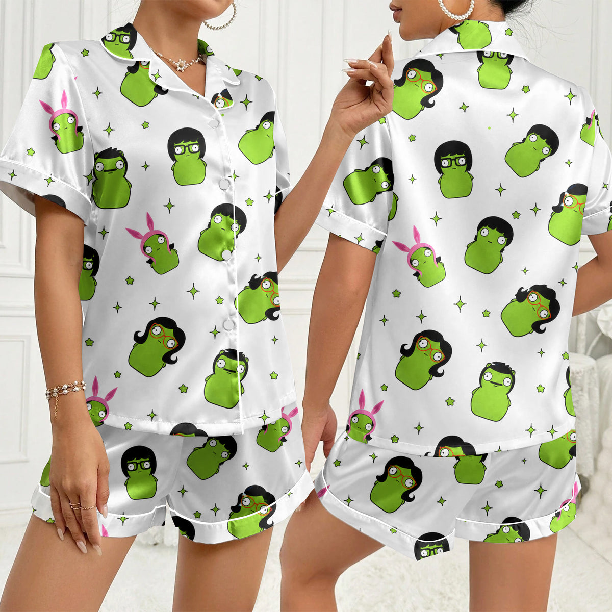 Women’s White Bob’s Burgers Pickle Satin Pajama Set