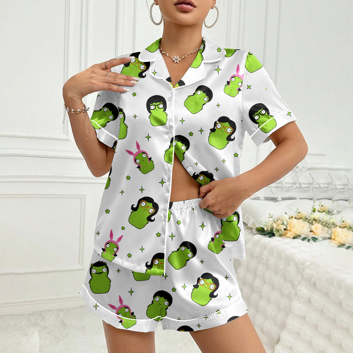Women’s White Bob’s Burgers Pickle Satin Pajama Set