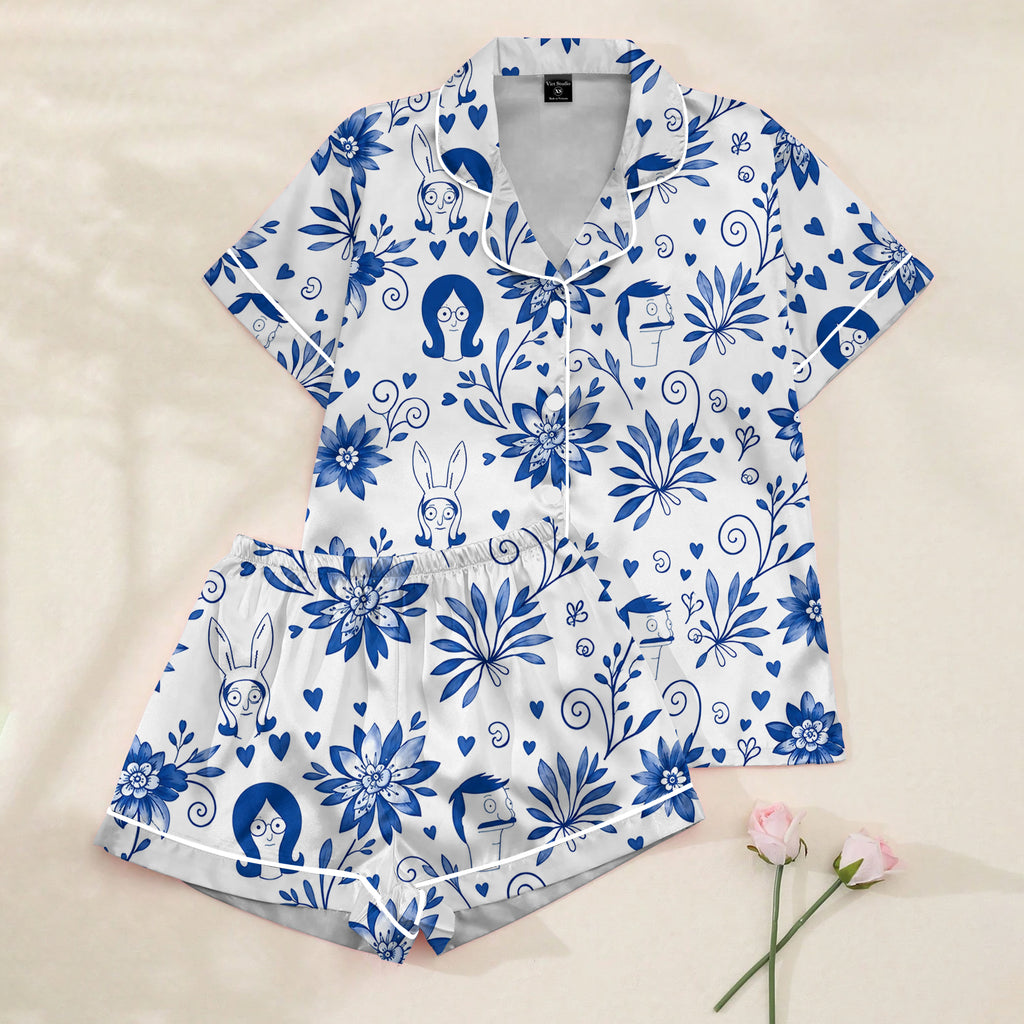Women’s White & Blue Bob’s Burgers Floral Satin Pajama Set