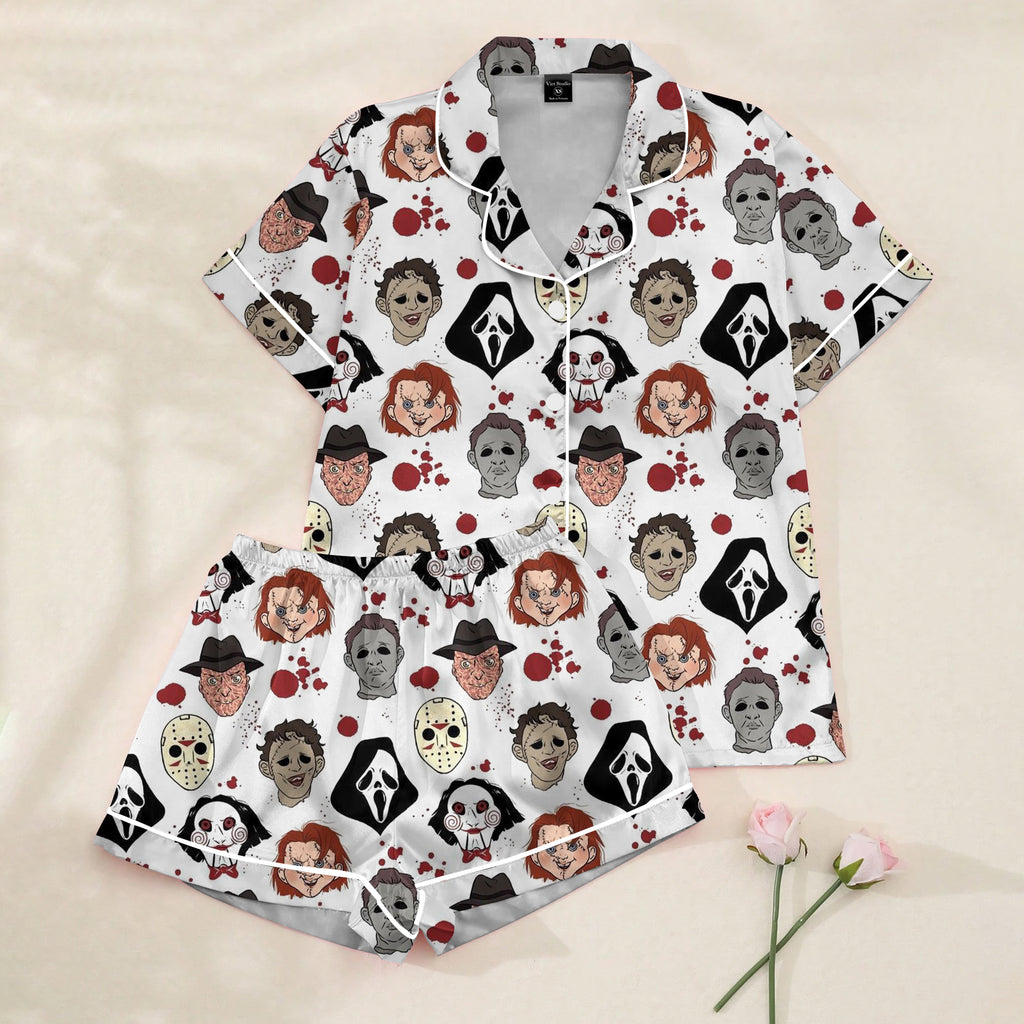 Women’s White Horror Icons Halloween Satin Pajama Set
