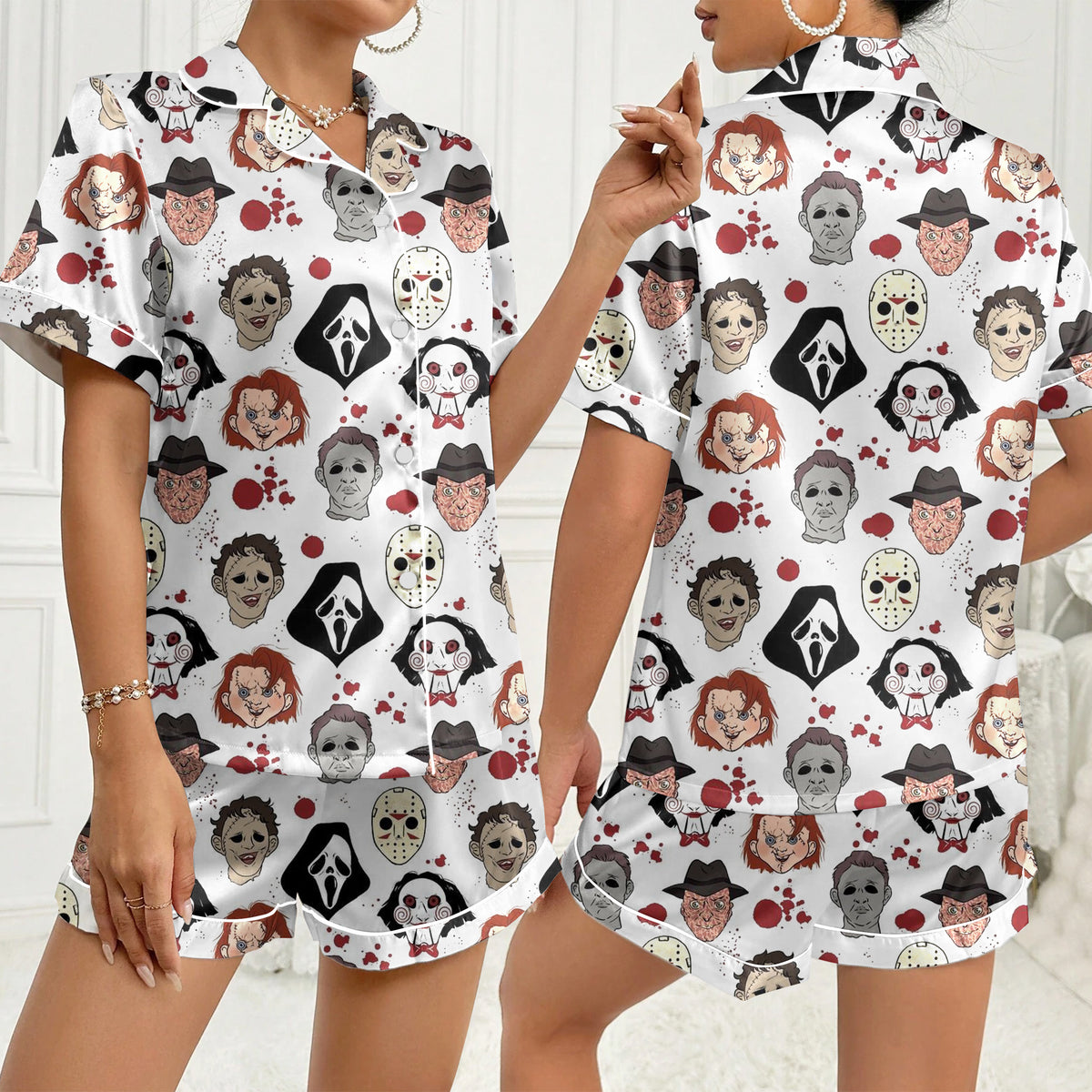 Women’s White Horror Icons Halloween Satin Pajama Set