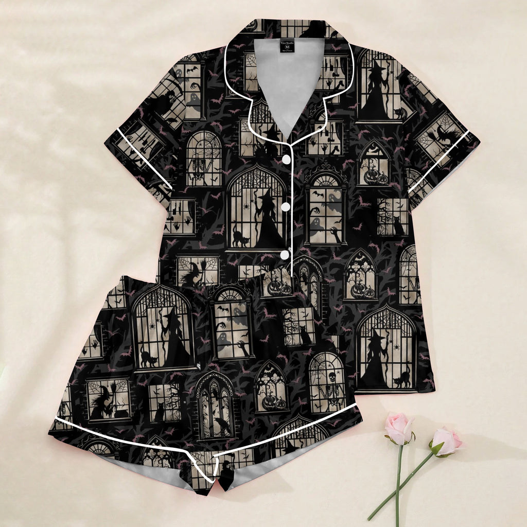 Women’s Black Haunted House Halloween Satin Pajama Set