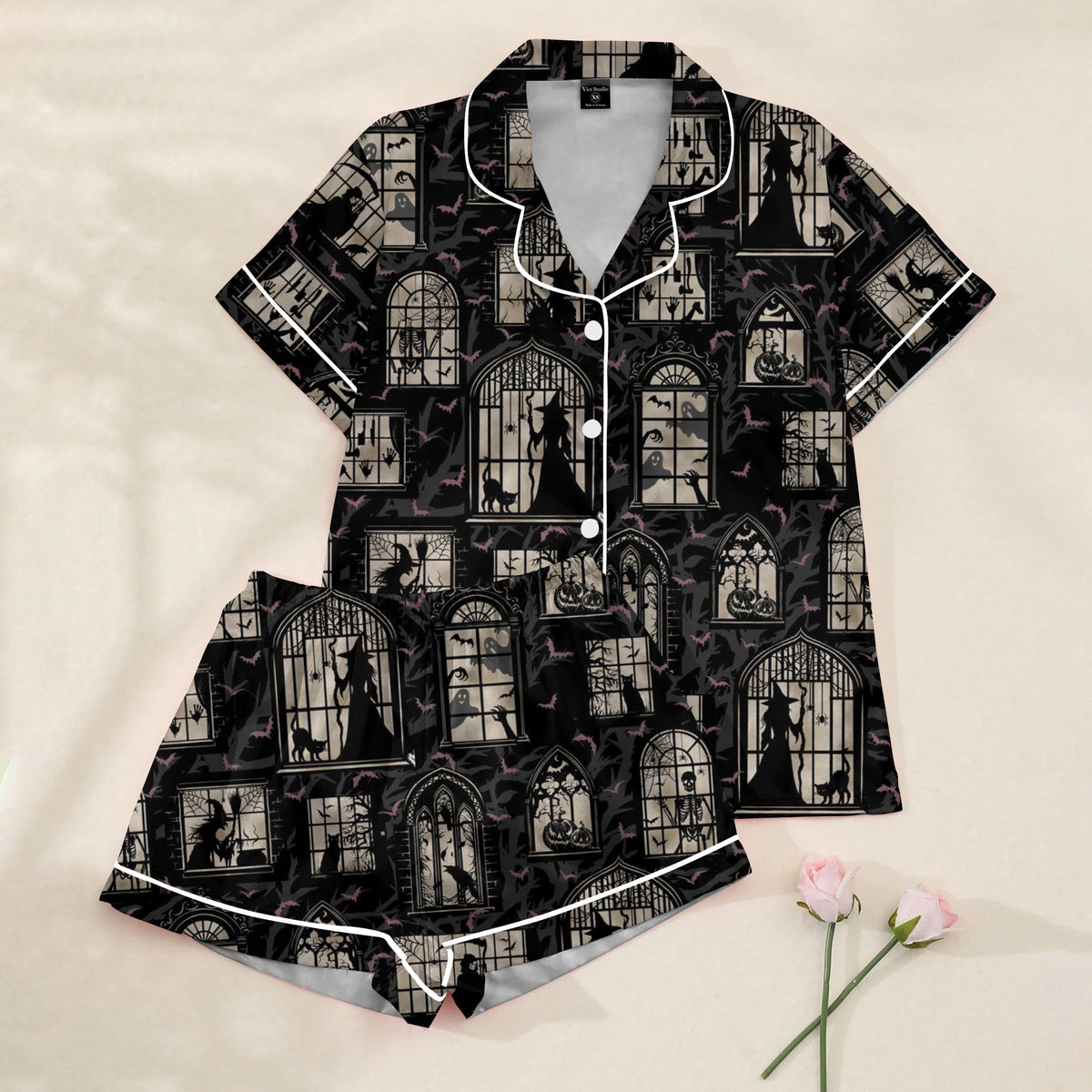 Women’s Black Haunted House Halloween Satin Pajama Set
